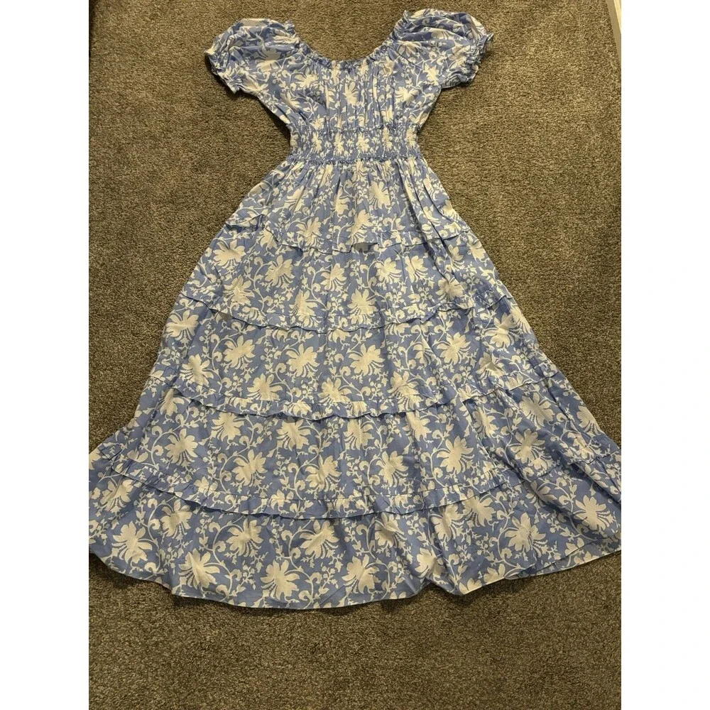 Pink City Prints Puff Sleeve Blue Floral Maxi Dress Smocked‎ Size Large